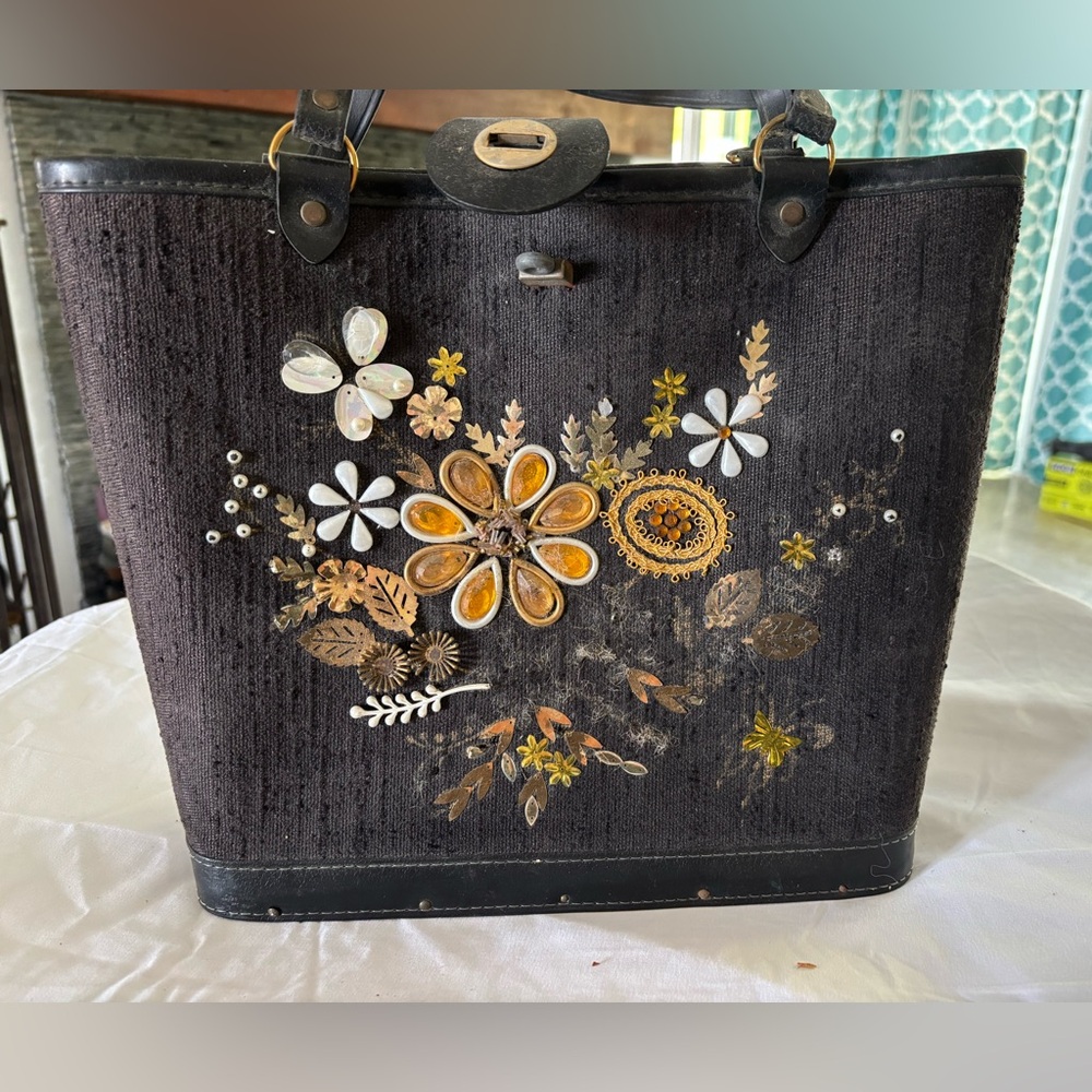 Embellished Black Floral Tote Bag